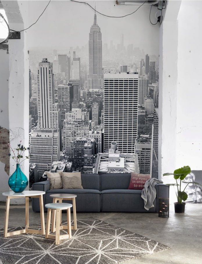 fotobehang in combinatie met witgekalkte muren