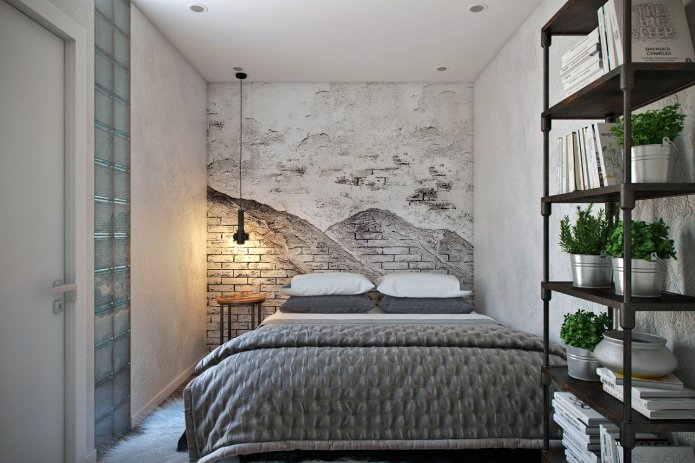 zwart-wit fotobehang op de muur in de slaapkamer, ingericht in loftstijl