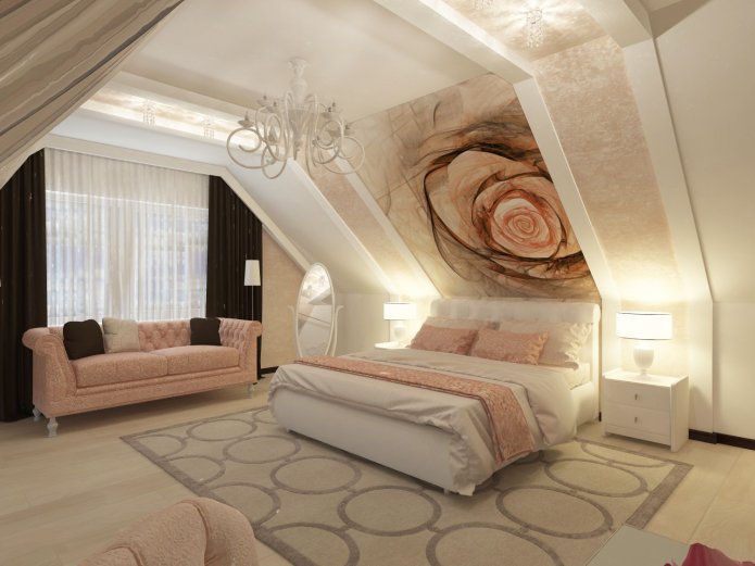 fotobehang op de muur in de slaapkamer met een rozenpatroon