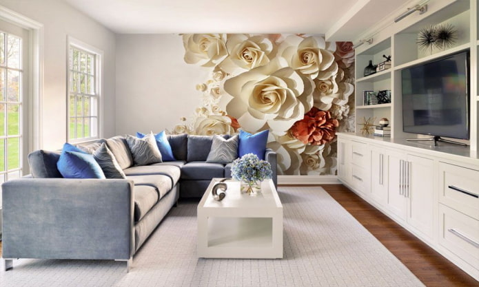 3D-behang met bloemen in het interieur van de woonkamer