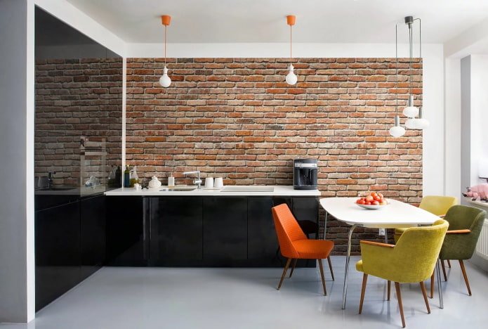 3D-baksteenbehang in het keukeninterieur