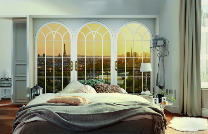 3D-behang met uitzicht vanuit het raam in de slaapkamer