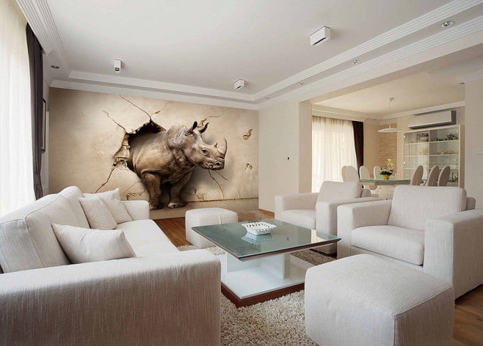 3D-behang met een neushoorn in het interieur van de woonkamer