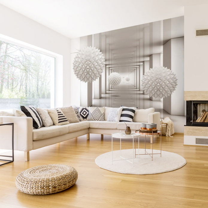 abstract 3D-behang in de woonkamer