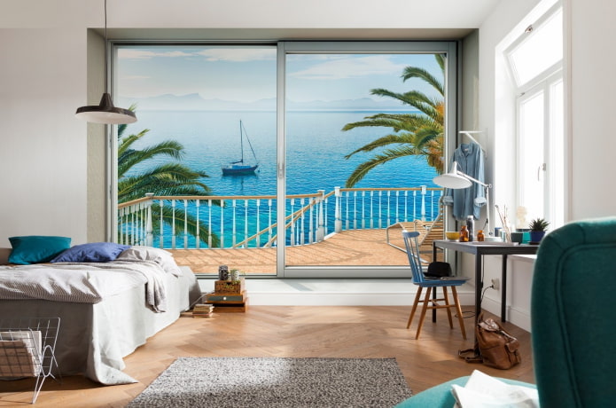3D-behang met uitzicht vanuit het raam in de slaapkamer