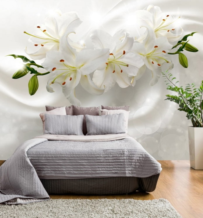 3D-behang met bloemen in het interieur van de slaapkamer