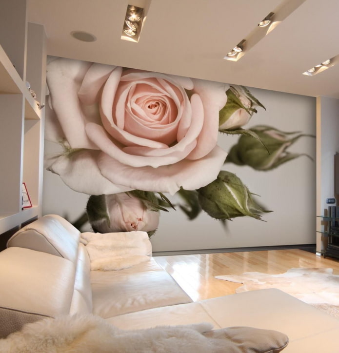 3D-behang met bloemen in het interieur van de woonkamer