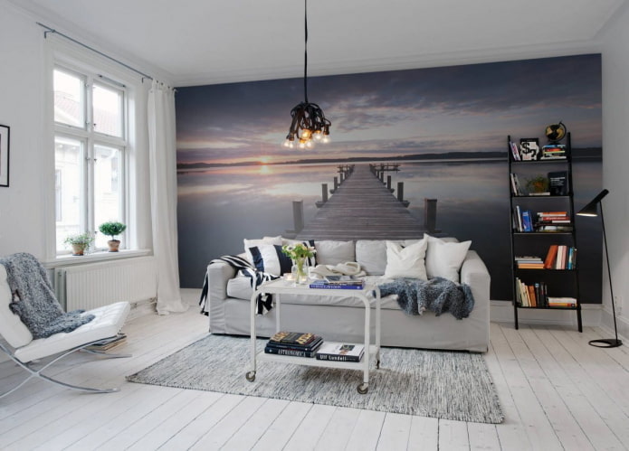 3D-behang met perspectief in het interieur van de woonkamer