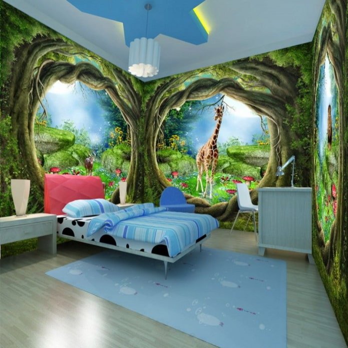3D-fotobehang in het interieur van de kinderkamer