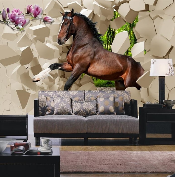 3D-fotobehang met een paard in het interieur van de woonkamer