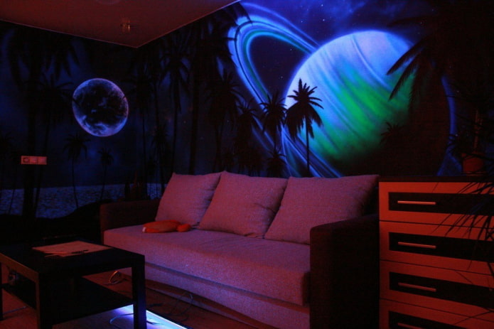 Fluorescerend 3D-behang in het interieur