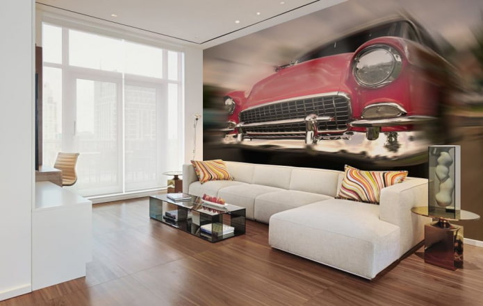 3D fotobehang met een auto in de woonkamer
