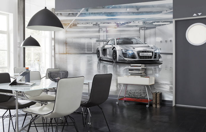 3D fotobehang met een auto in de eetkamer