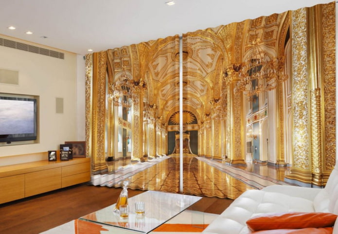 lange 3D-gordijnen met de afbeelding van het paleisinterieur