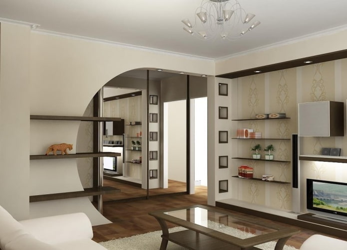 gipsplaatboog met planken in het interieur