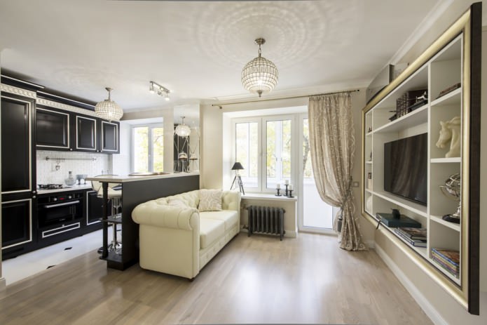 interieur van een gecombineerde keuken-woonkamer met bar
