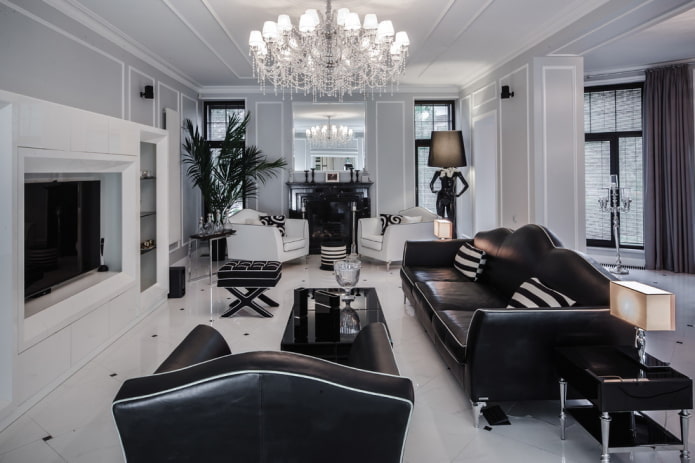 woonkamerinterieur in zwart-wittinten