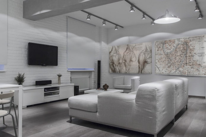 decoratie en verlichting in de woonkamer in witte tinten