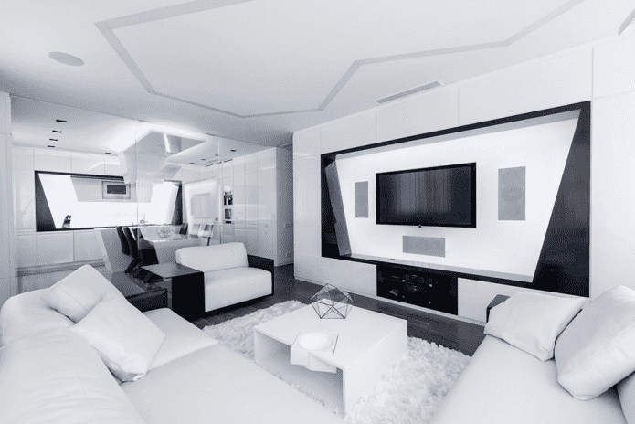 woonkamer in witte tinten in hightech-stijl