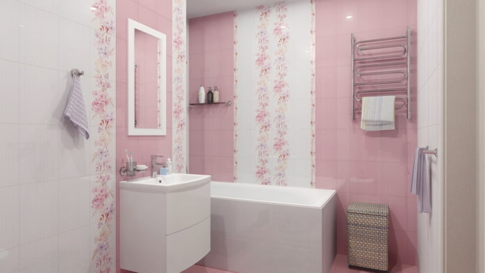 witte en roze tegels in het interieur van de badkamer