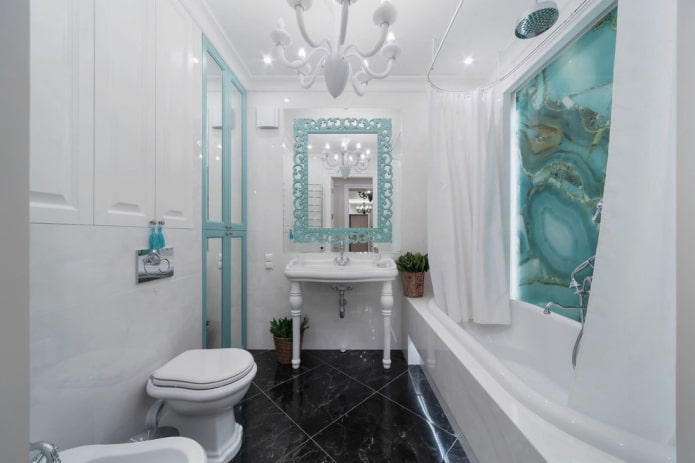 badkamerinterieur in witte en turquoise tinten