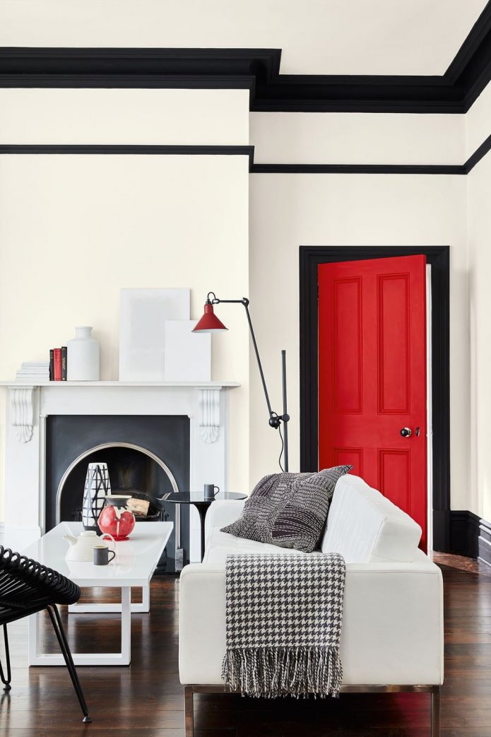 wit, zwart en rood in de woonkamer