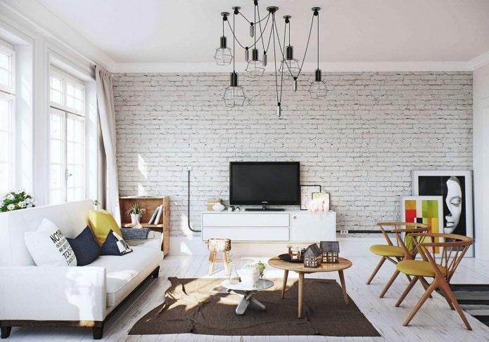 witte bakstenen muur in het interieur van de woonkamer