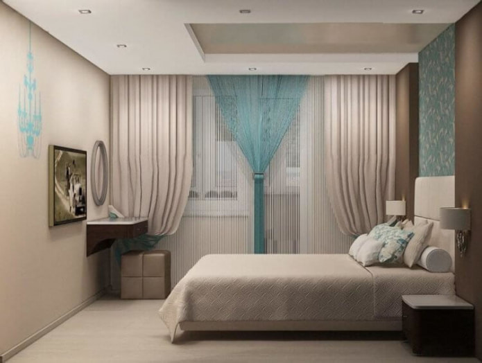 turquoise en beige slaapkamerinterieur