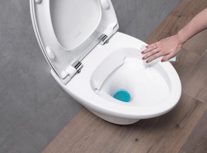 vrouw die een randloos toilet afveegt