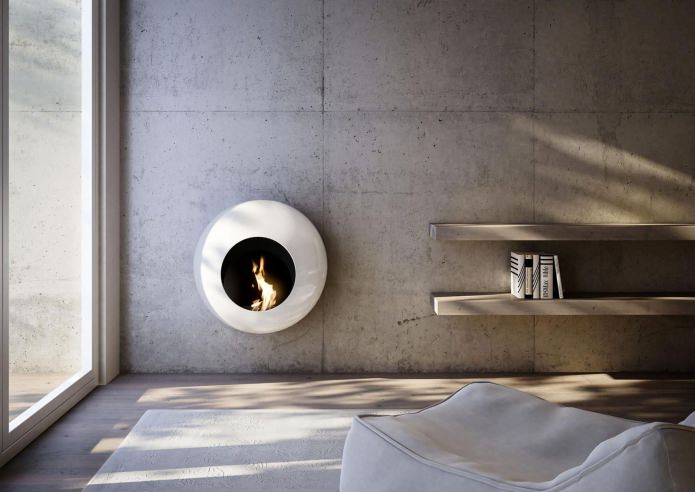 een ronde biohaard in het interieur van de woonkamer