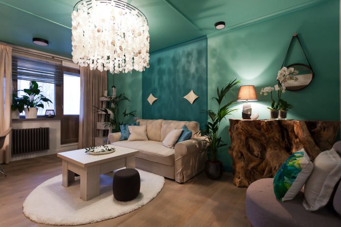Woonkamer in beige en turquoise