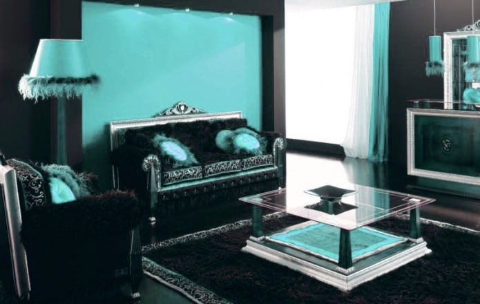 Zwart en turquoise woonkamer