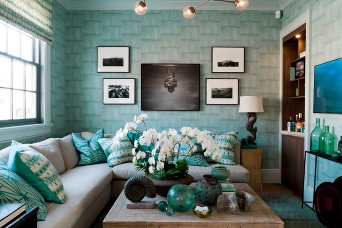 gezellige woonkamer in Tiffany-kleur