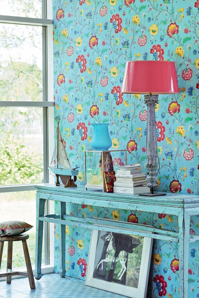 turquoise bloemenbehang