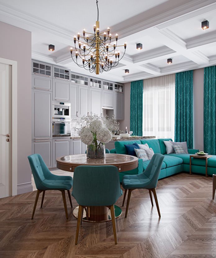 keuken-woonkamer in beige en turquoise tinten