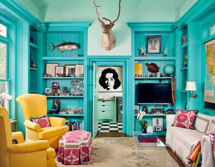 Geel-turquoise woonkamer