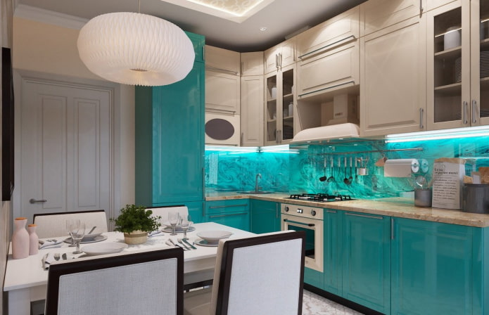 keukendesign in beige en turquoise tinten