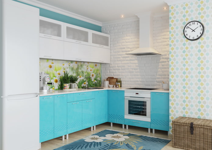 keukeninterieur in witte en turquoise tinten
