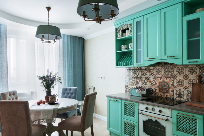 meubels en apparatuur in een turquoise keuken