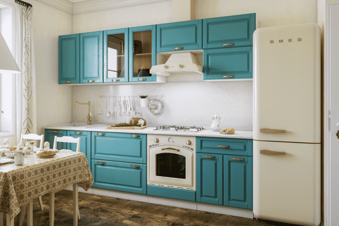 meubels en apparatuur in een turquoise keuken