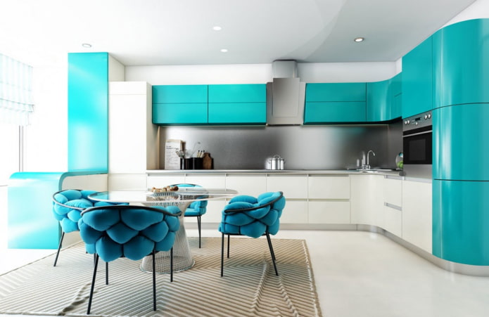 meubels en apparatuur in een turquoise keuken