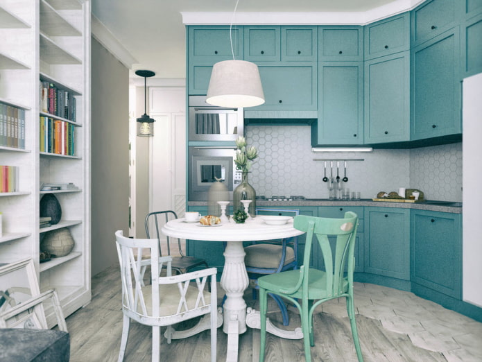 meubels en apparaten in de keuken in turquoise