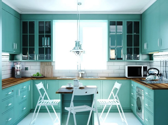 meubels en apparaten in de keuken in turquoise