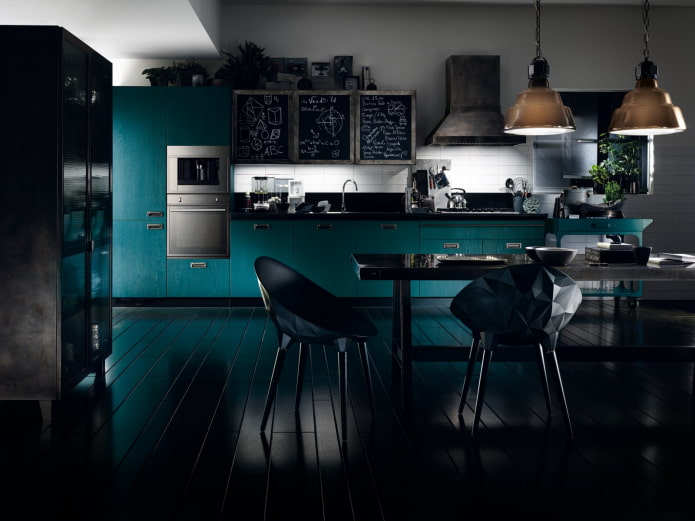 keukeninterieur in zwart- en turquoise tinten