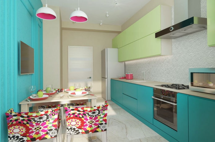 keuken in turquoise tinten met felle accenten