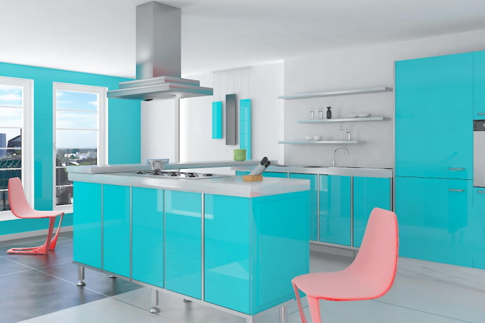 keuken in turquoise tinten met felle accenten
