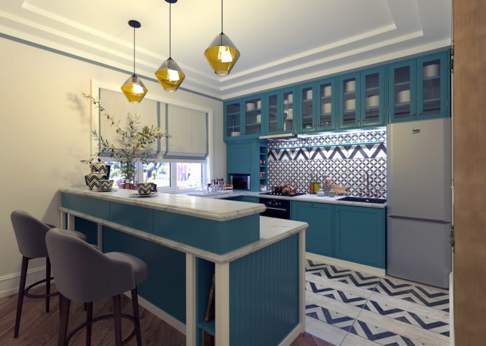 decoratie en textiel in het interieur van een turquoise keuken