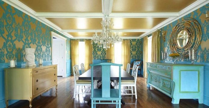 een combinatie van turquoise en gouden tinten in het interieur van de slaapkamer