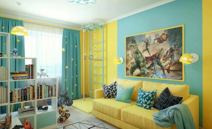 kinderkamer in een turquoise-geel palet