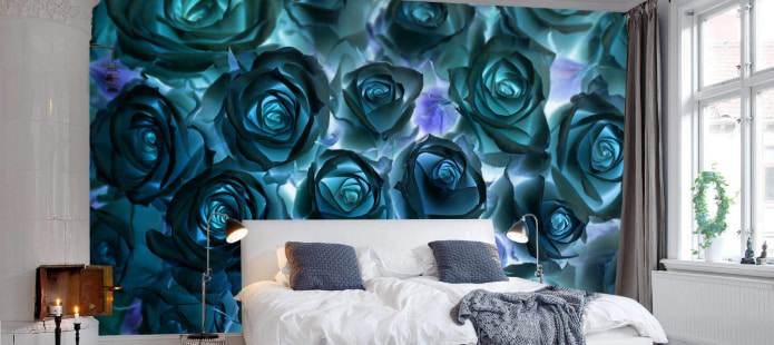 turquoise rozen op fotobehang
